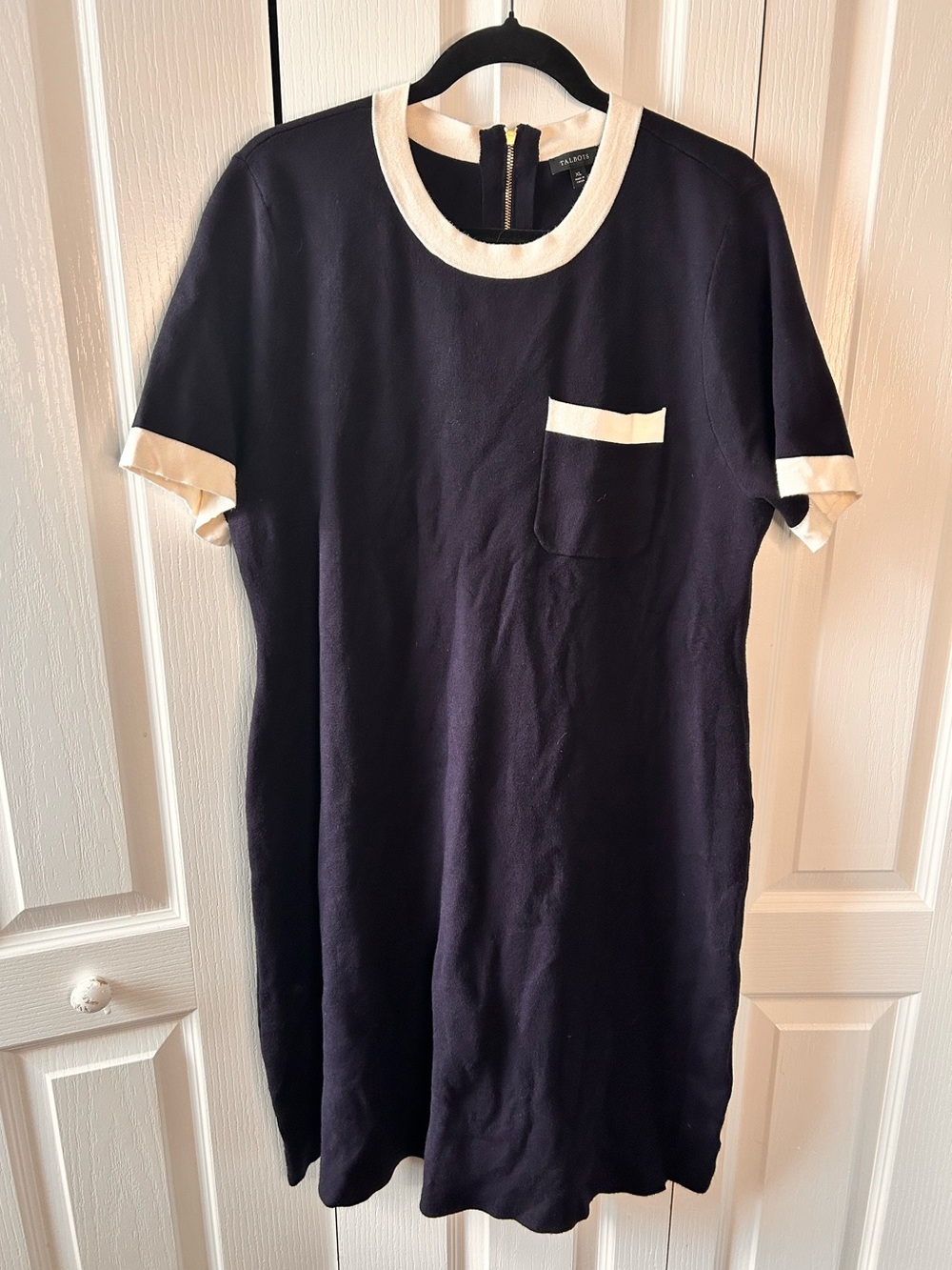 Talbots Women’s Size XL Navy Short-Sleeve Knit Knee Length Dress Cream Trim